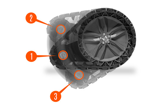 3 положения работы гусениц: 1Х MODE максимальная проходимость в глубоком снегу и в горах. 2Х MODE маневренность и скорость работы колесного снегоуборщика. 3Х MODE режим работы грейдера для очистки поверхности до основания.
